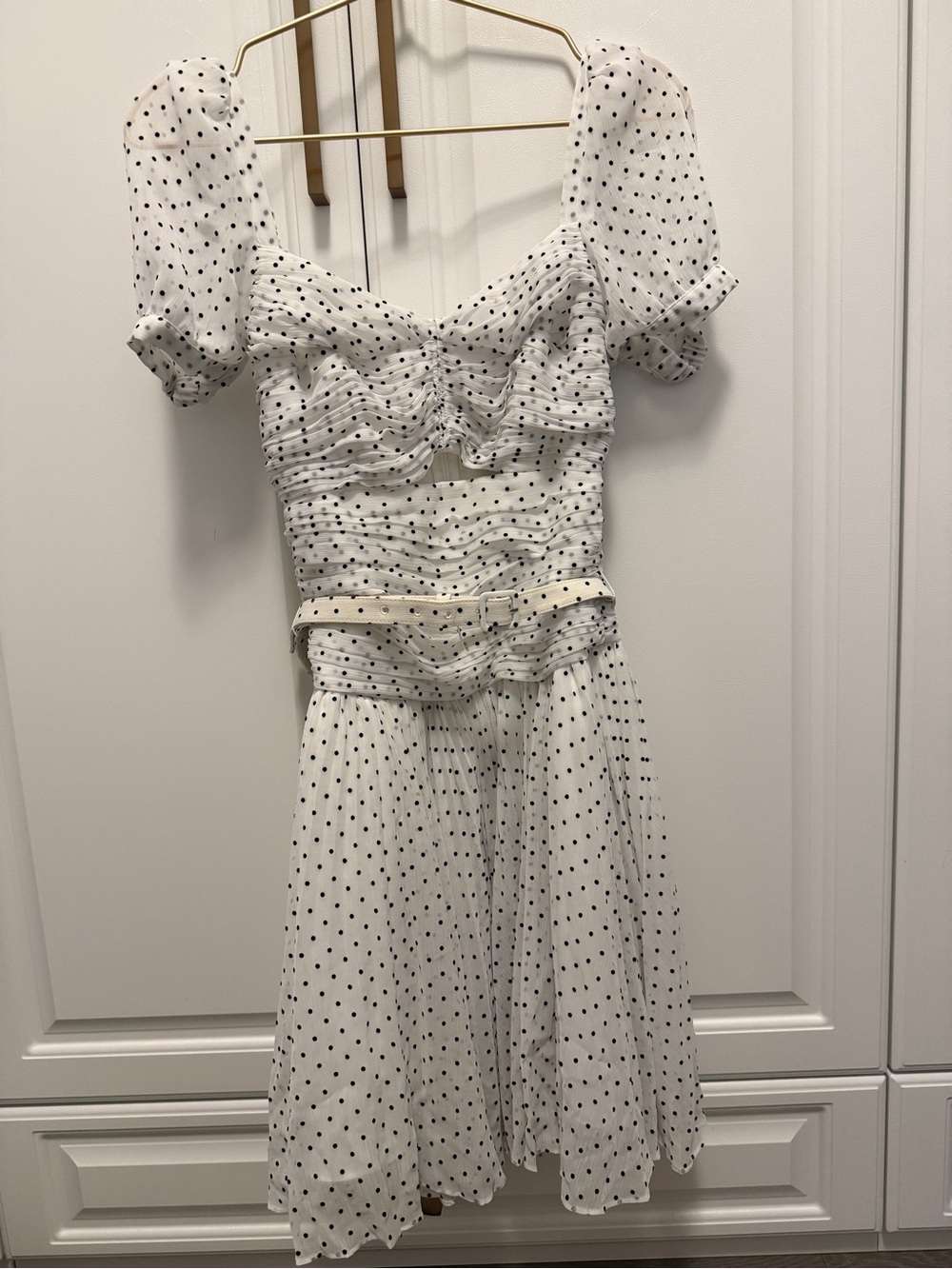 Self-Portrait White and Black Polka Dot Puff-Sleeve Midi Dress